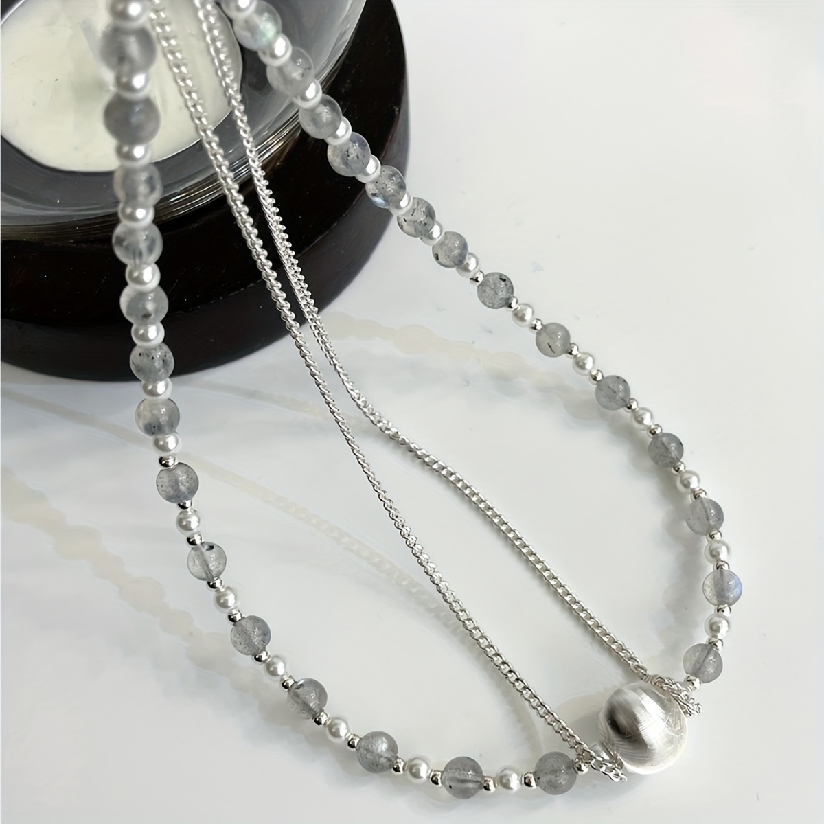 925 Sterling Silver Elongated Lime Moonlight Bead Necklace